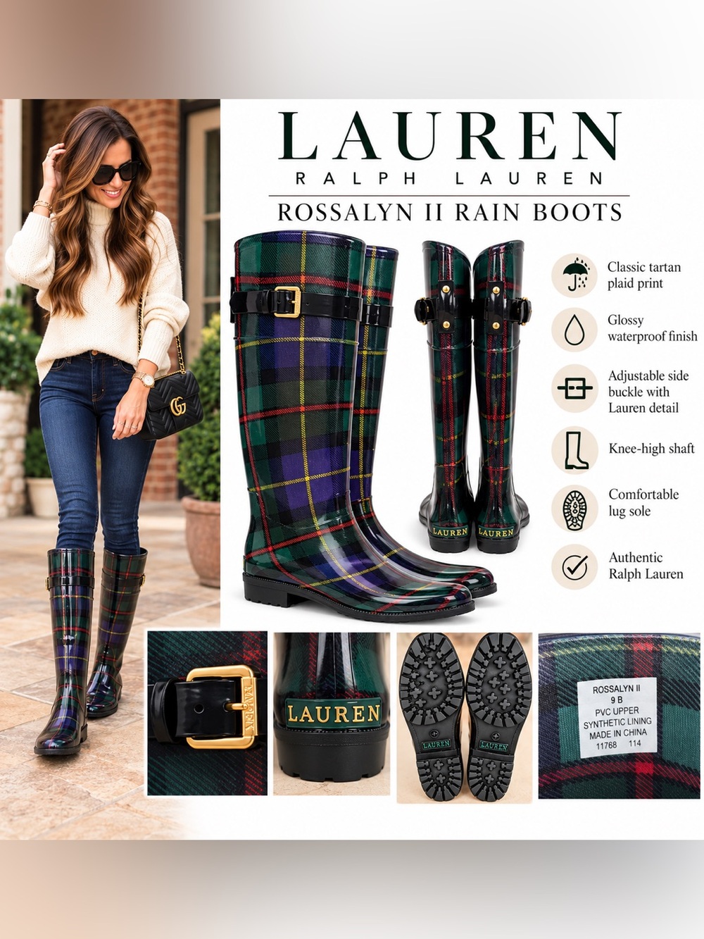 LAUREN Ralph Lauren Rossalyn II Rain Boots 9B Navy Tartan Plaid NWOB #119